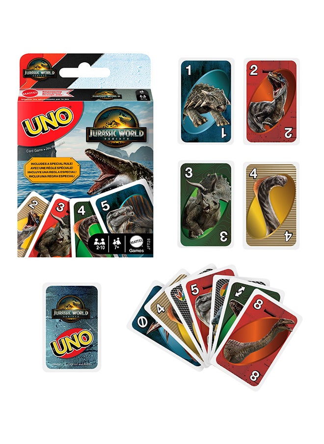 Mattel Games UNO Jurassic World Rebirth Card Game for Kids, Family & Adult Games Nights, Deck with Special Rule & Images Inspired by the Movie  - Image 2