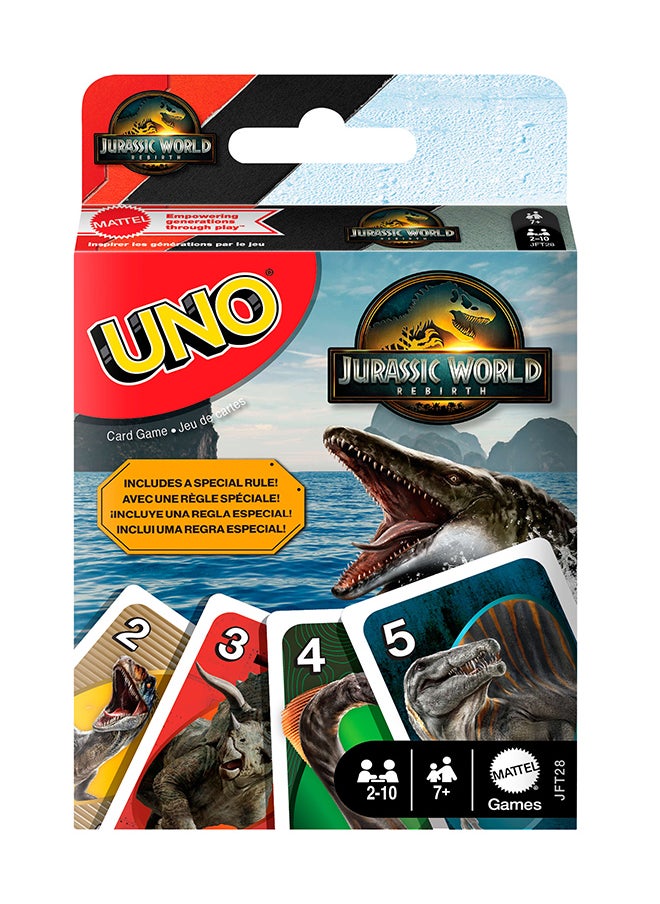 Mattel Games UNO Jurassic World Rebirth Card Game for Kids, Family & Adult Games Nights, Deck with Special Rule & Images Inspired by the Movie  - Image 1