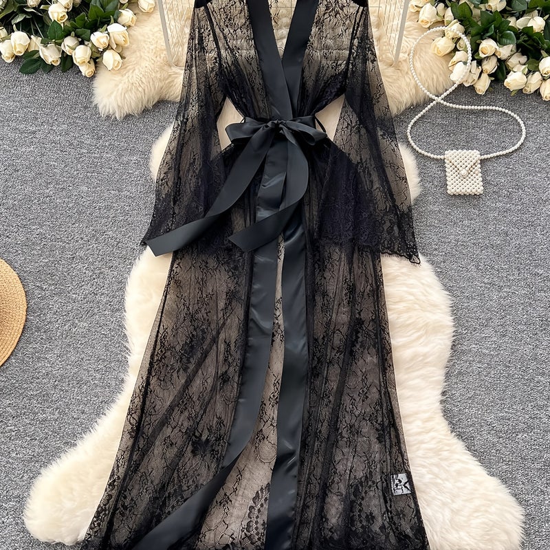 Elegant Two-Piece Long Bathrobe Set - Transparent Kimono, Lace Trim, Deep V-Neck Floor-Length Dress - Image 1