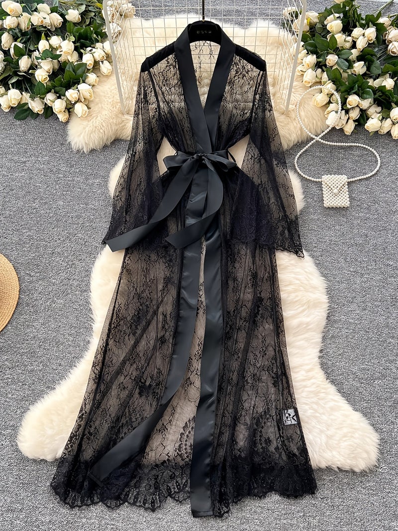 Elegant Two-Piece Long Bathrobe Set - Transparent Kimono, Lace Trim, Deep V-Neck Floor-Length Dress - Image 2