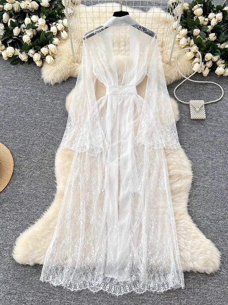 Elegant Two-Piece Long Bathrobe Set - Transparent Kimono, Lace Trim, Deep V-Neck Floor-Length Dress - Image 3