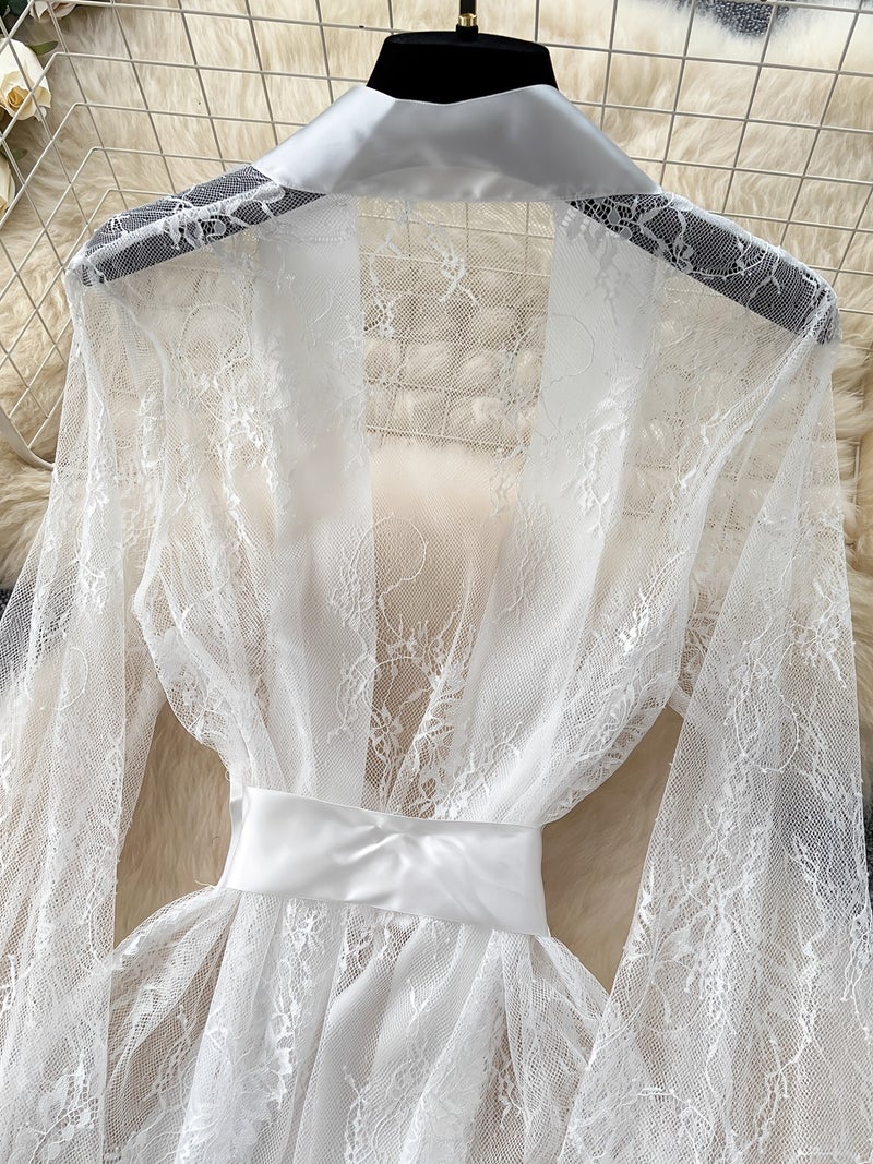 Elegant Two-Piece Long Bathrobe Set - Transparent Kimono, Lace Trim, Deep V-Neck Floor-Length Dress - Image 5