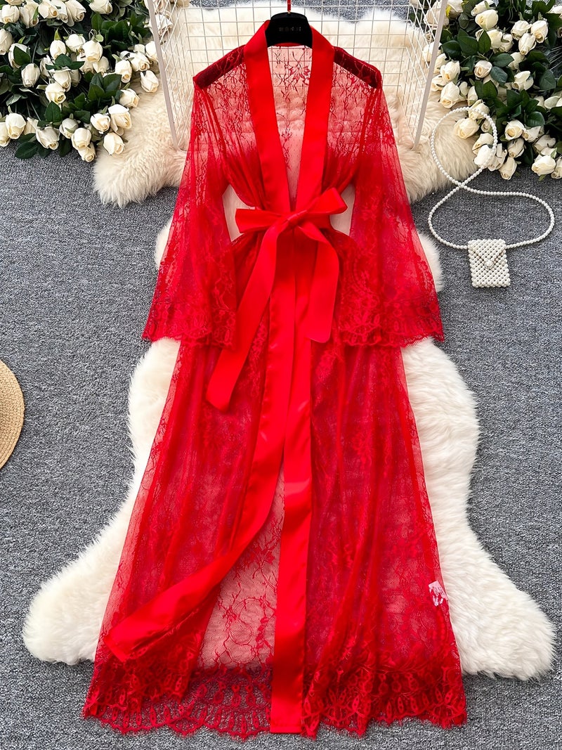 Elegant Two-Piece Long Bathrobe Set - Transparent Kimono, Lace Trim, Deep V-Neck Floor-Length Dress - Image 4