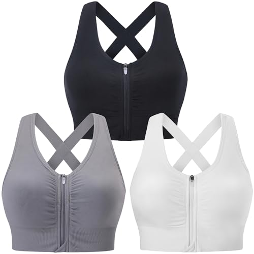 Evercute Zip Front PostSurgery Bra Womens Padded Wireless Sports Bras Strappy Medium Support Exercise Yoga Athletic Bras