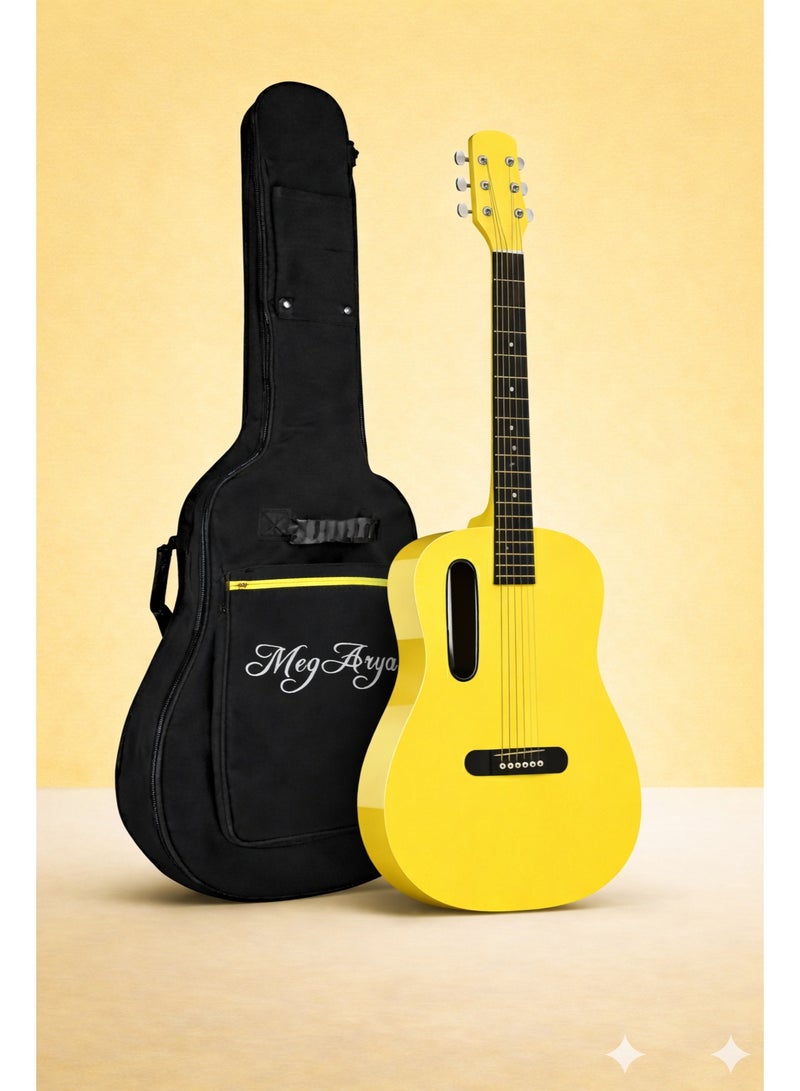 Megarya GS-X1 Signature Series Portable Guitar – Premium African Tonewood Travel Acoustic Guitar with Rich Sound & Compact Design In Yellow Finish With Bag - Image 1