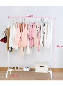 Multifunctional Single Pole Free Standing Clothes Rack Clothes Drying Rack Hanger Rack for Bedroom with Top Pole and Side Hooks and Bottom Storage Shelf (White)