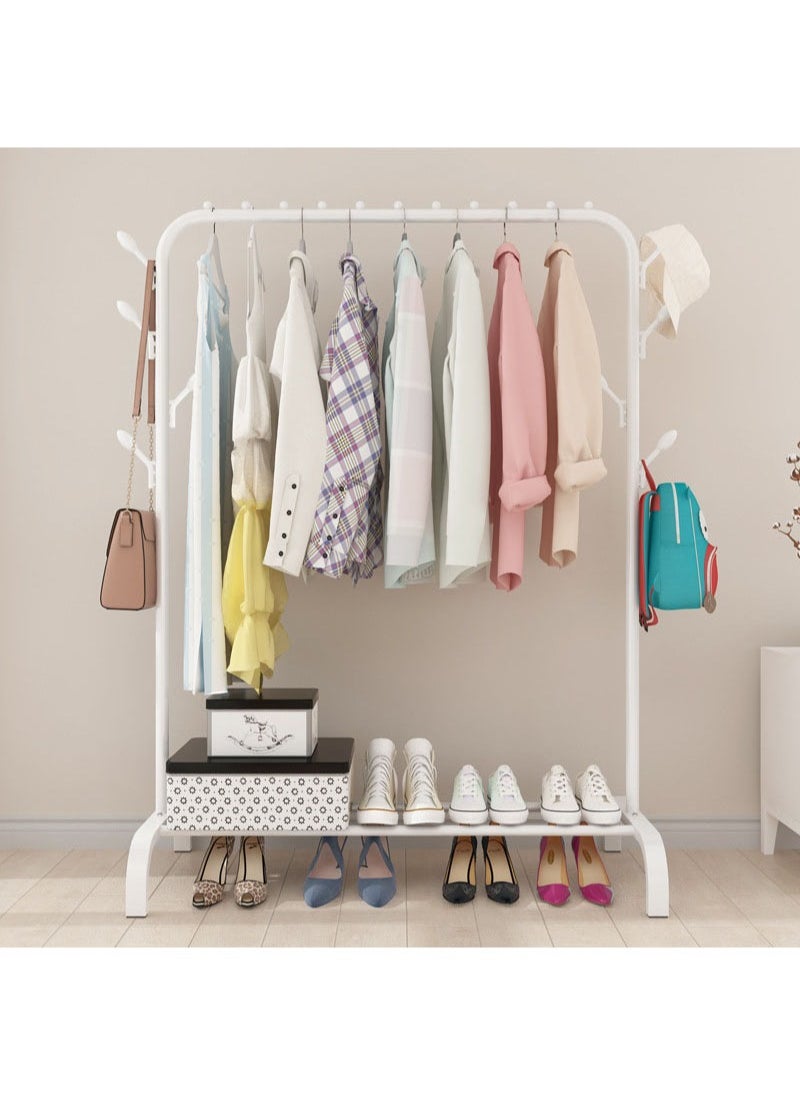 AGD - Multifunctional Single Pole Free Standing Clothes Rack Clothes Drying Rack Hanger Rack for Bedroom with Top Pole and Side Hooks and Bottom Storage Shelf (White) - Image 1