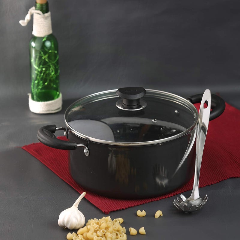 VINOD Vinod Black Pearl Hard Anodised Saucepot with Glass Lid 5 Litre 24cm 325mm Thick Metal Spoon Friendly Riveted Sturdy Handles Toxin Free 2 Year Warranty Black  - Image 2