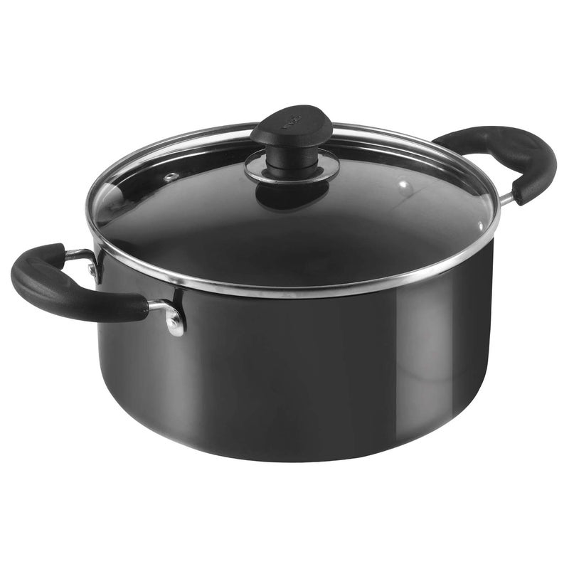 VINOD Vinod Black Pearl Hard Anodised Saucepot with Glass Lid 5 Litre 24cm 325mm Thick Metal Spoon Friendly Riveted Sturdy Handles Toxin Free 2 Year Warranty Black  - Image 1