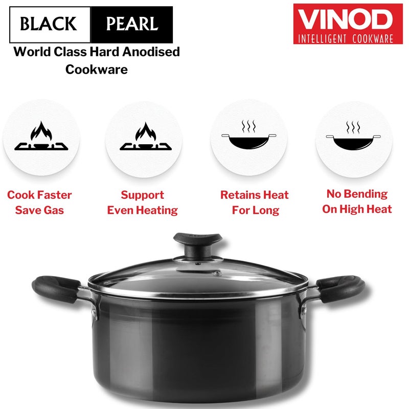 VINOD Vinod Black Pearl Hard Anodised Saucepot with Glass Lid 5 Litre 24cm 325mm Thick Metal Spoon Friendly Riveted Sturdy Handles Toxin Free 2 Year Warranty Black  - Image 3