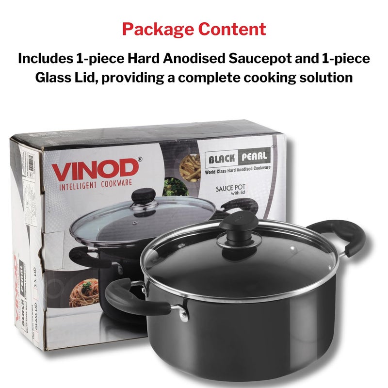 VINOD Vinod Black Pearl Hard Anodised Saucepot with Glass Lid 5 Litre 24cm 325mm Thick Metal Spoon Friendly Riveted Sturdy Handles Toxin Free 2 Year Warranty Black  - Image 5