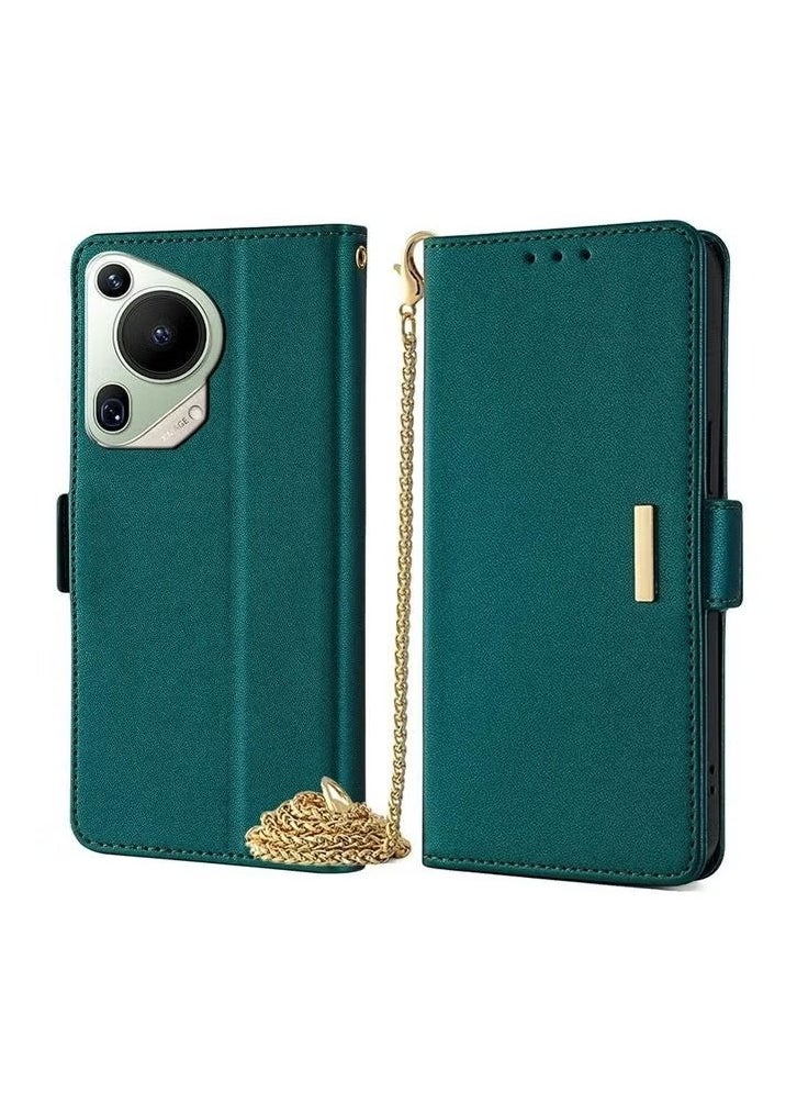 erorex Elegant Green Wallet Flip Case with Gold Chain for Huawei Pura 70 Ultra 5G Luxury Leather Cover with Cardholder Magnetic Closure and Camera Protection 