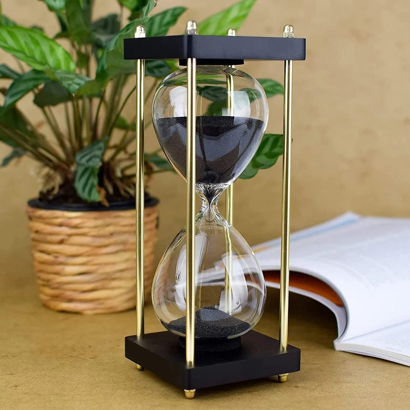 8 inch Beautiful Sand Timer with Wooden Base and Black Sand Nautical Handmade Hourglass 15 Min Approx Unique Sand Watch Best for Dining Room Study Room Kitchen Yoga Working and Decorative Item - Image 1