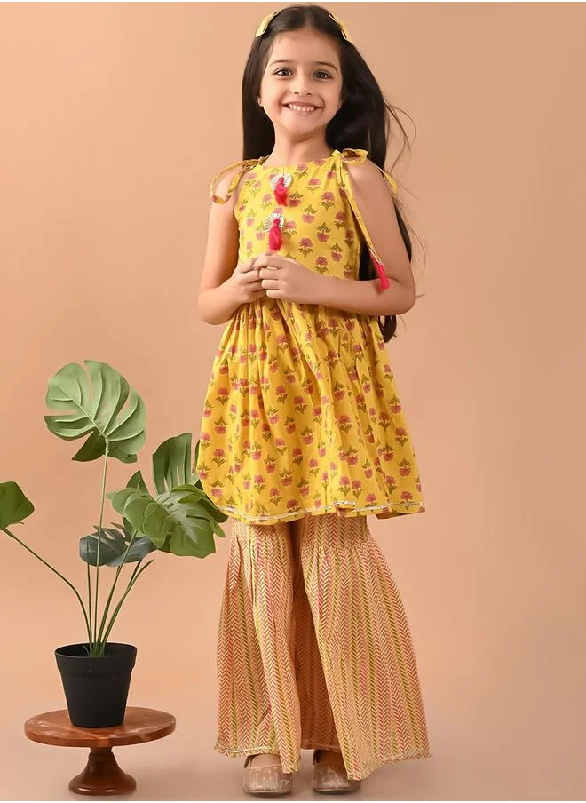 LILPICKS Yellow Kurta Set Straight Fit made from Cotton featuring Self Design design and Round Neck neckline - Perfect for Festive!