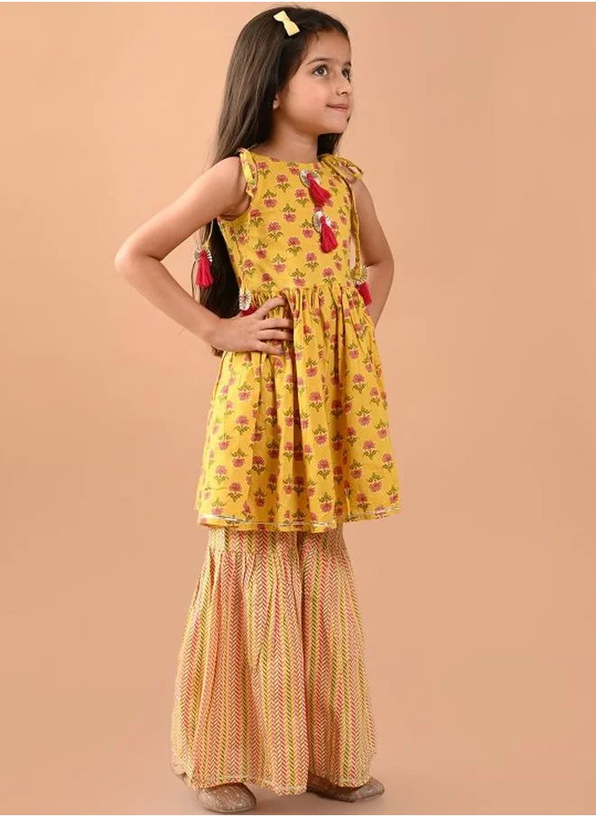 LILPICKS Yellow Kurta Set Straight Fit made from Cotton featuring Self Design design and Round Neck neckline - Perfect for Festive!