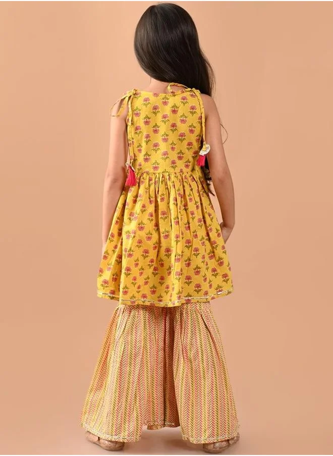 LILPICKS Yellow Kurta Set Straight Fit made from Cotton featuring Self Design design and Round Neck neckline - Perfect for Festive!