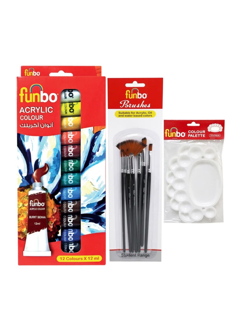 Funbo أنبوب ألوان أكريليك مكون من 12 قطعة مع مجموعة من 7 فرش متعددة الأغراض ولوحة ألوان - Image 1