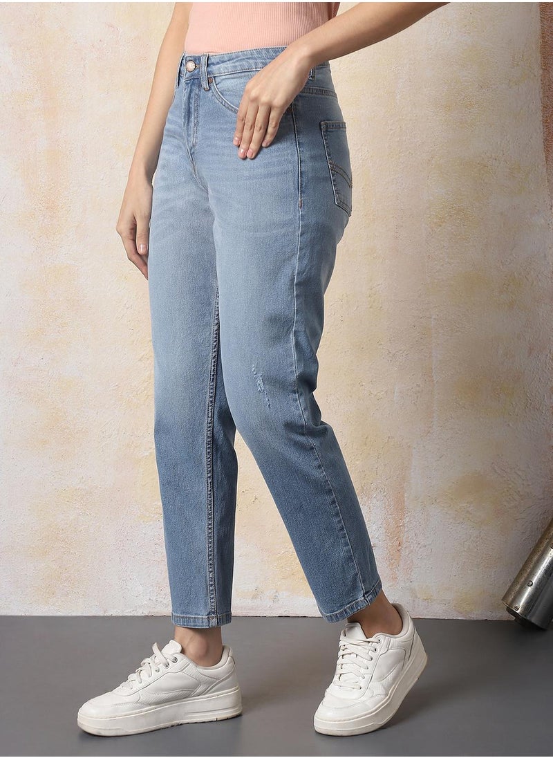 HIGH STAR - Stay effortlessly stylish with this comfortable Blue Mom Jeans Washed design crafted from 98% cotton and 2% elastane with Button closure. - Image 1