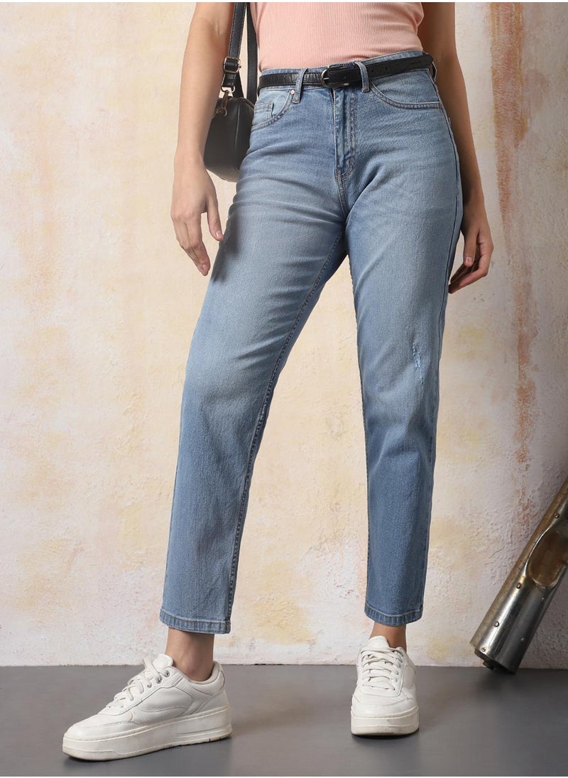 HIGH STAR - Stay effortlessly stylish with this comfortable Blue Mom Jeans Washed design crafted from 98% cotton and 2% elastane with Button closure. - Image 1