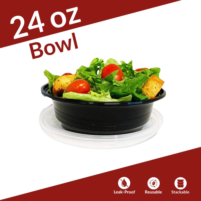 Reli. Meal Prep Container Bowls, 24 oz. | 50 Pack | Round Meal Prep Containers with Lids | Reusable 24 oz Bowls with Lids | Microwavable, Black Food Storage Boxes | Black - Image 2