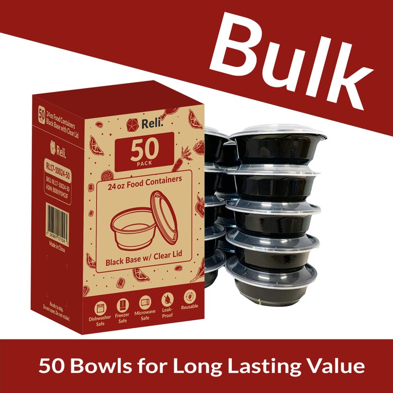 Reli. Meal Prep Container Bowls, 24 oz. | 50 Pack | Round Meal Prep Containers with Lids | Reusable 24 oz Bowls with Lids | Microwavable, Black Food Storage Boxes | Black - Image 3
