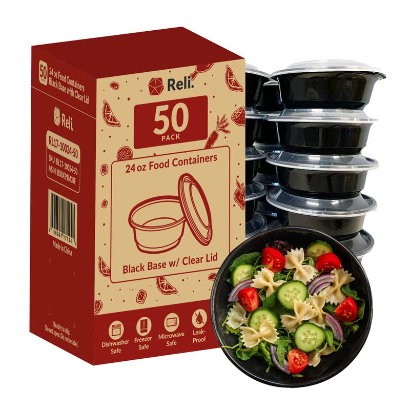 Reli. Meal Prep Container Bowls, 24 oz. | 50 Pack | Round Meal Prep Containers with Lids | Reusable 24 oz Bowls with Lids | Microwavable, Black Food Storage Boxes | Black - Image 1