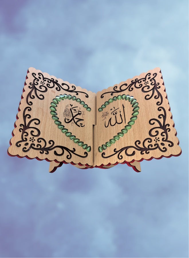 Fianser Wooden Quran Holder with Green Faux Gemstone Inlay – Traditional Carved Square Rehal – Sturdy Foldable Stand for Daily Prayer & Recitation - Image 1