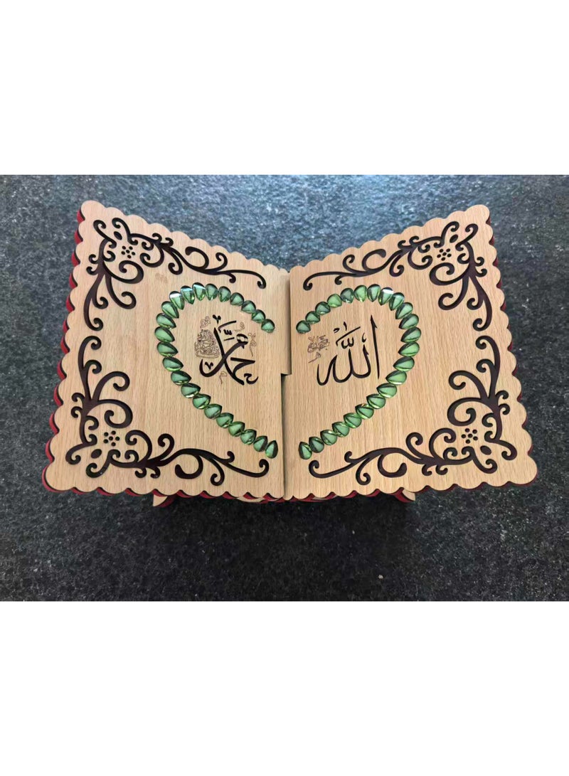 Fianser Wooden Quran Holder with Green Faux Gemstone Inlay – Traditional Carved Square Rehal – Sturdy Foldable Stand for Daily Prayer & Recitation - Image 3