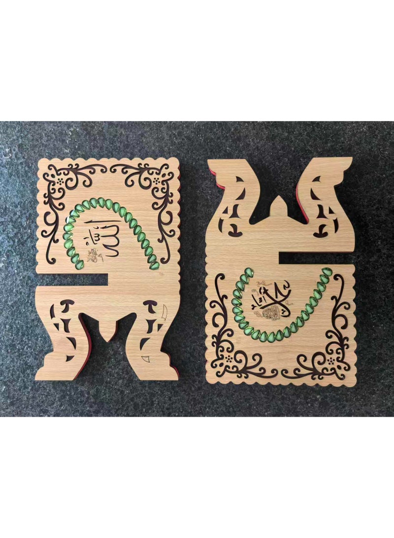 Fianser Wooden Quran Holder with Green Faux Gemstone Inlay – Traditional Carved Square Rehal – Sturdy Foldable Stand for Daily Prayer & Recitation - Image 4