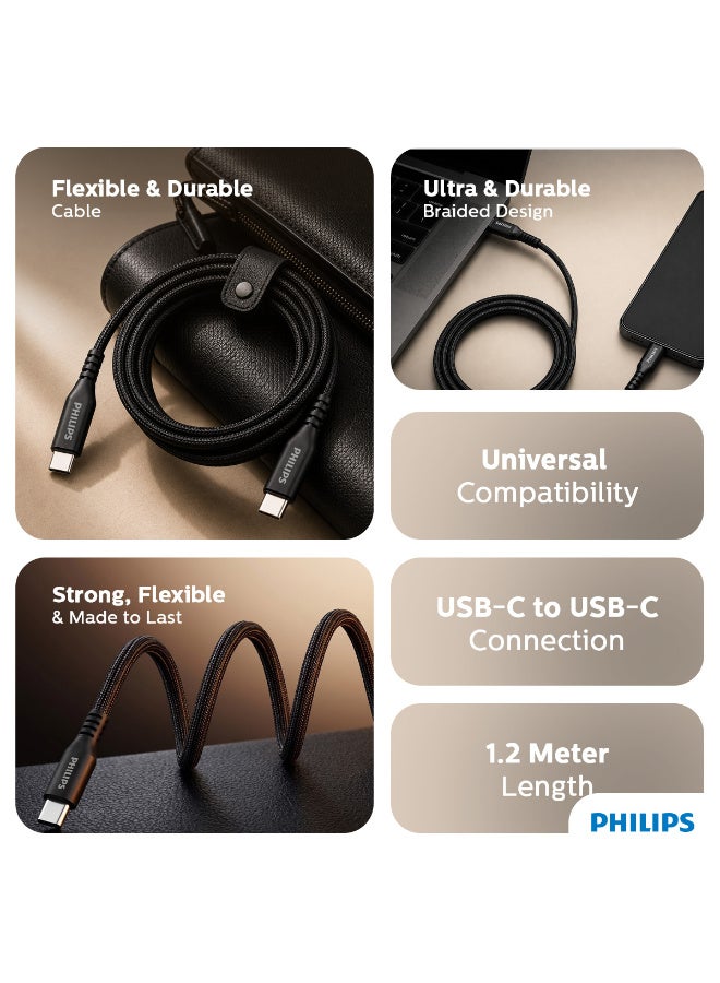 Philips 60W USB-C to USB-C Soft Silicone Fast Charging Cable ,1.2m/4ft, 480Mbps Data Sync, Tangle-Resistant, Black black - Image 2