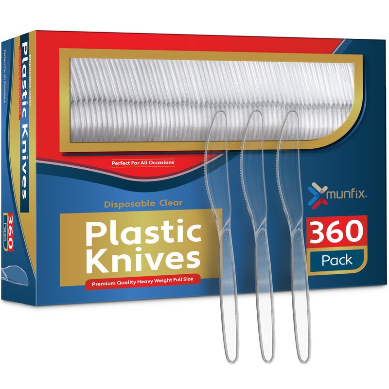 Munfix 360 Count Clear Plastic Knives Heavy Duty Premium Disposable Knives Heat Resistant and BPA Free Plastic Silverware Utensils Durable Cutlery Set for Parties Picnics Events