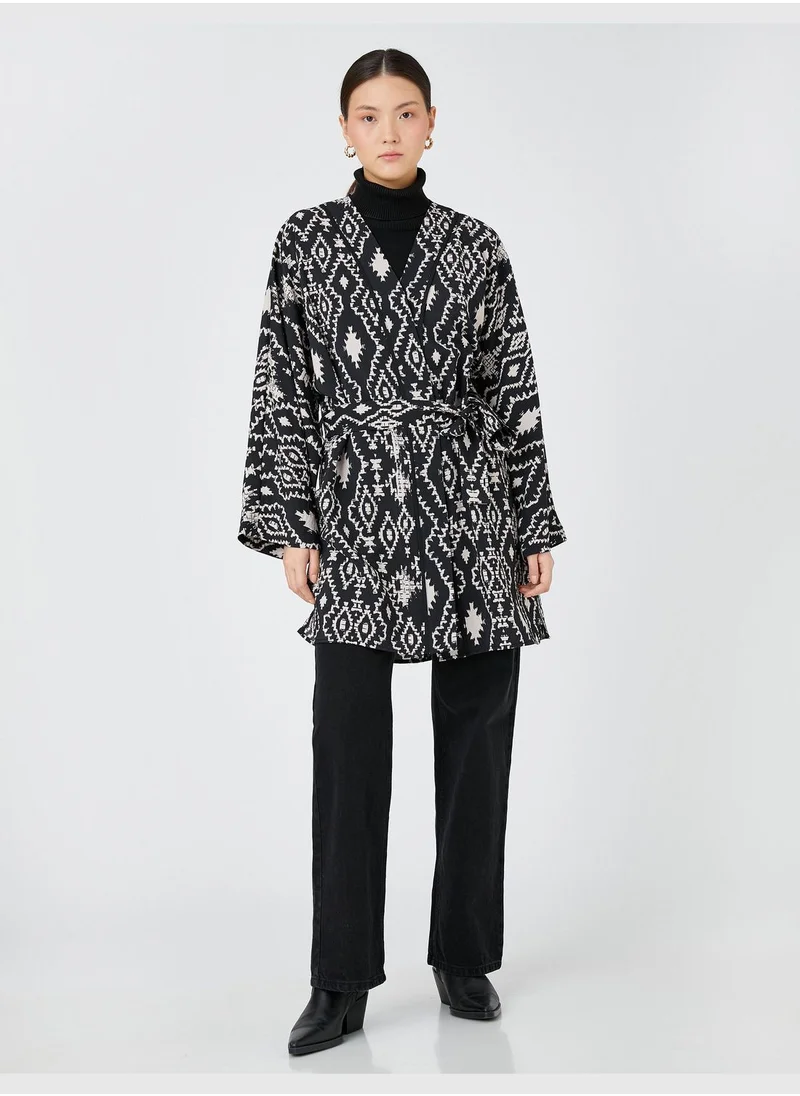 KOTON Ethnic Patterned Belted Midi Kimono