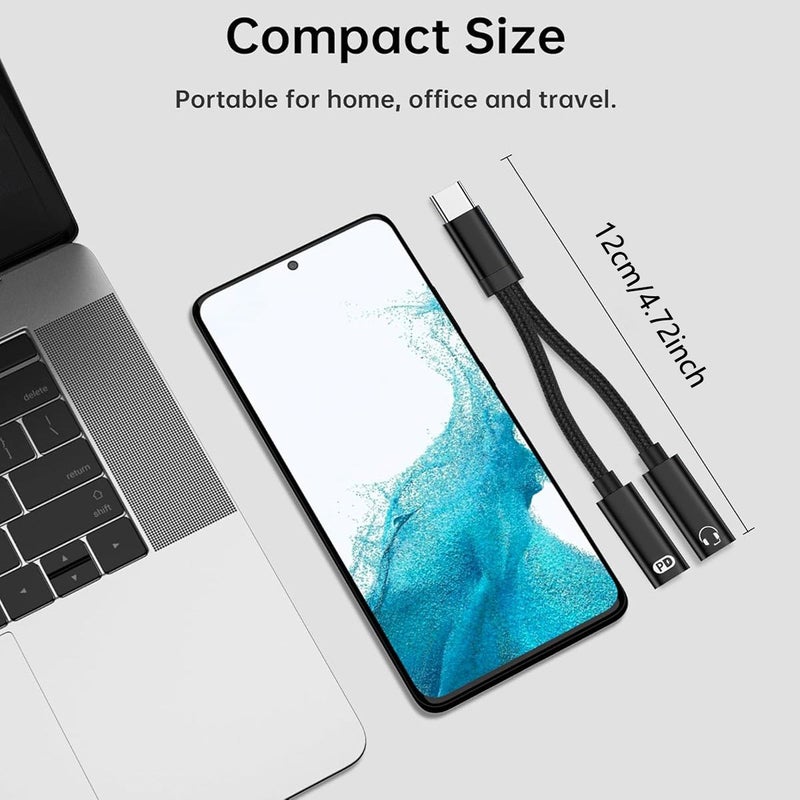 USB C Headphone And Charger Adapter 2 In 1 USB C Splitter Dongle Cable With 10W Charging Audio Adapter Black For Compatible Devices - Image 3