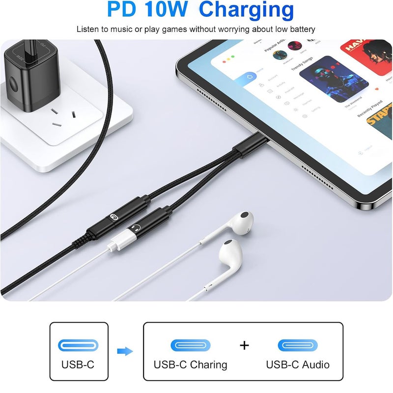 USB C Headphone And Charger Adapter 2 In 1 USB C Splitter Dongle Cable With 10W Charging Audio Adapter Black For Compatible Devices - Image 5