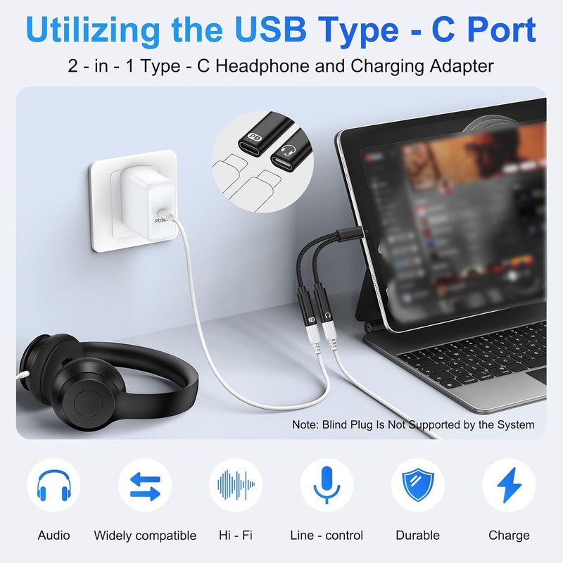 USB C Headphone And Charger Adapter 2 In 1 USB C Splitter Dongle Cable With 10W Charging Audio Adapter Black For Compatible Devices - Image 4