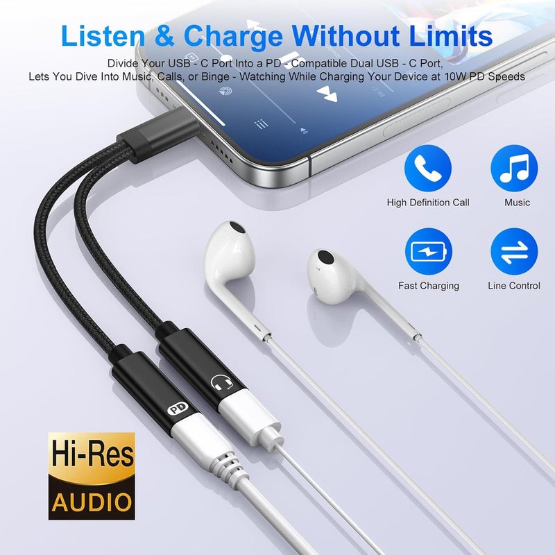 USB C Headphone And Charger Adapter 2 In 1 USB C Splitter Dongle Cable With 10W Charging Audio Adapter Black For Compatible Devices - Image 2