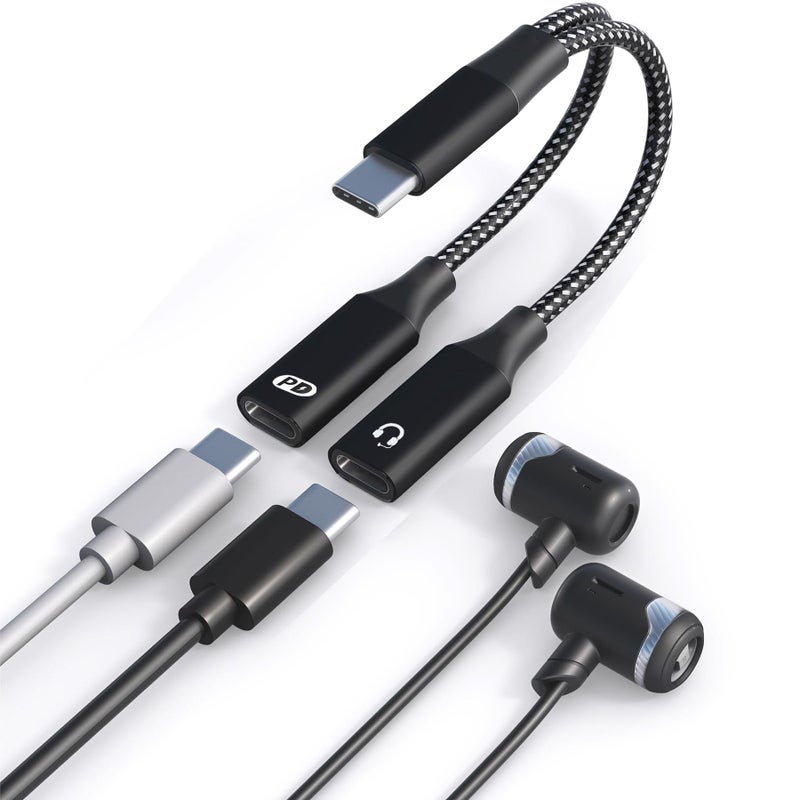 USB C Headphone And Charger Adapter 2 In 1 USB C Splitter Dongle Cable With 10W Charging Audio Adapter Black For Compatible Devices - Image 1