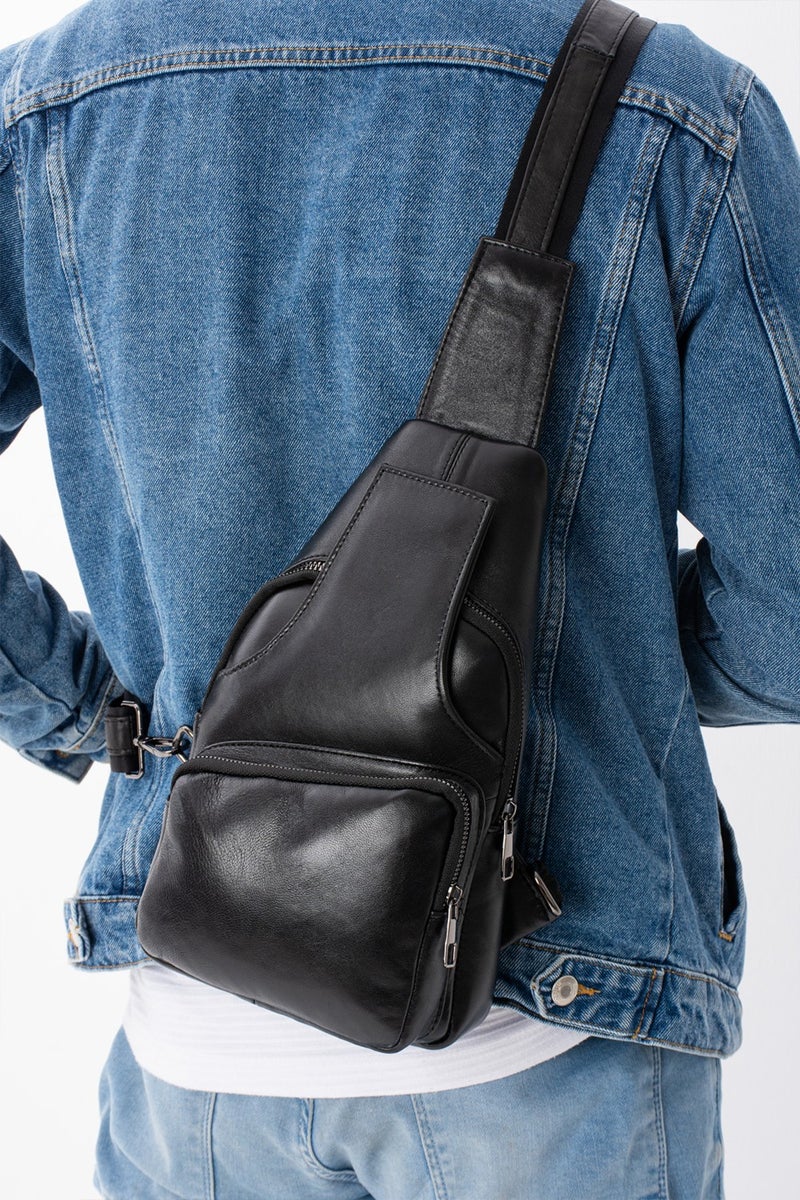 Erzeno Genuine Leather Men's Black Crossbody Bag / Cross Chest Bag Shoulder Bag Body Bag  - Image 1