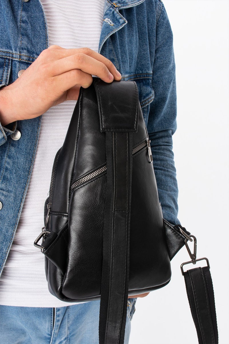 Erzeno Genuine Leather Men's Black Crossbody Bag / Cross Chest Bag Shoulder Bag Body Bag  - Image 4