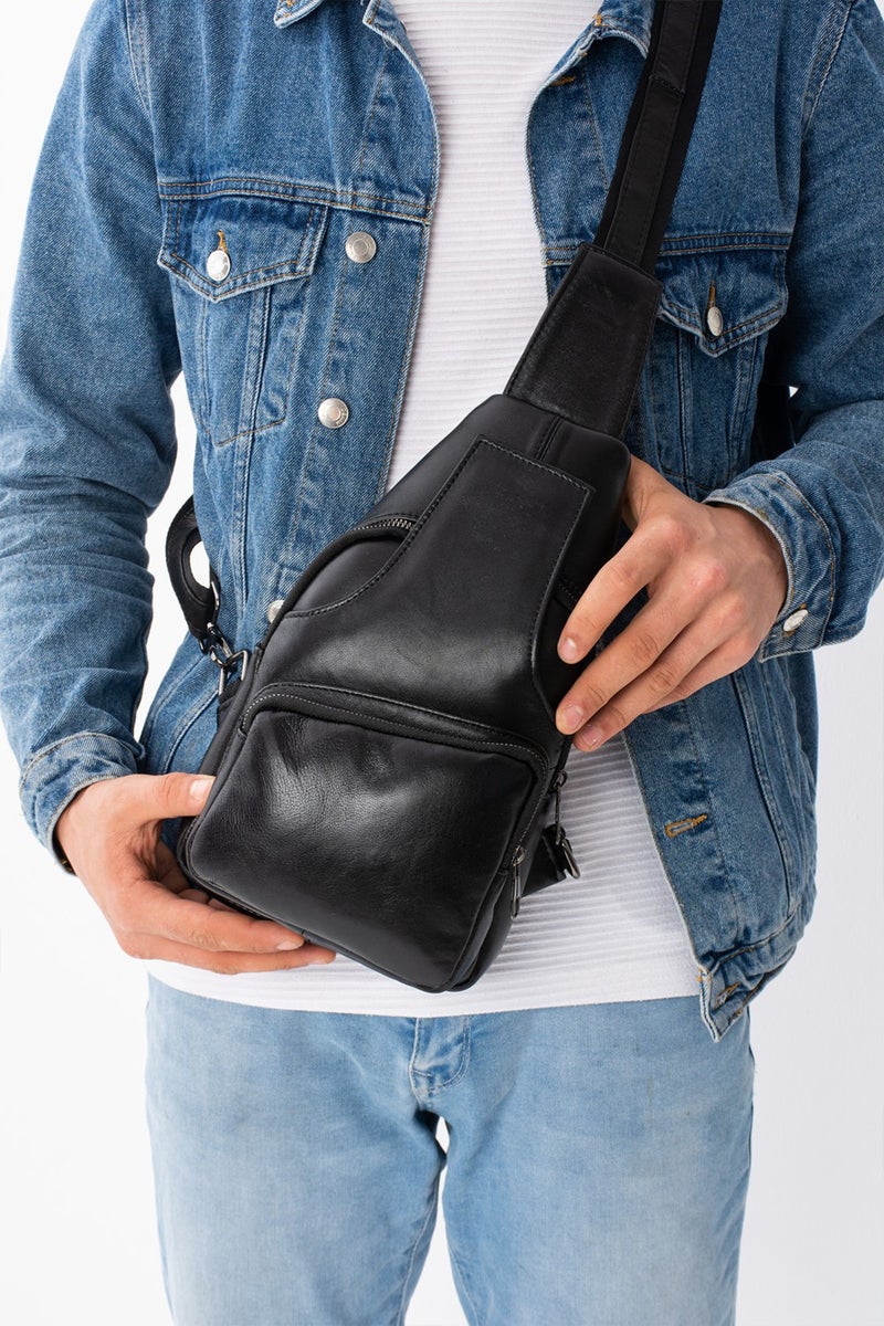 Erzeno Genuine Leather Men's Black Crossbody Bag / Cross Chest Bag Shoulder Bag Body Bag  - Image 2