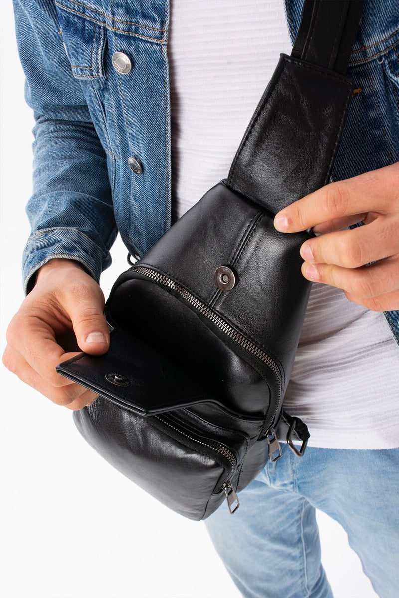 Erzeno Genuine Leather Men's Black Crossbody Bag / Cross Chest Bag Shoulder Bag Body Bag  - Image 5