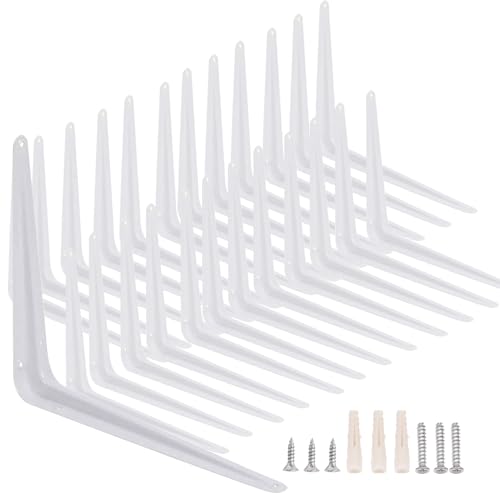 KINJOEK 24 Packs 6 x 8 Inch White Shelf Brackets Heavy Duty Metal Wall Corner Angle L Brackets with Screws for Hanging Shelves Decorative Support - Image 1