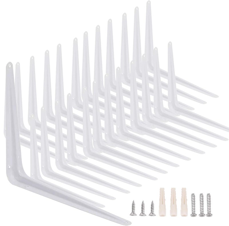 KINJOEK 24 Packs 6 x 8 Inch White Shelf Brackets Heavy Duty Metal Wall Corner Angle L Brackets with Screws for Hanging Shelves Decorative Support - Image 2