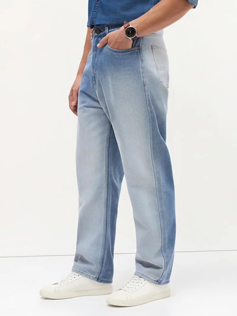 Urbano Fashion  Urbano Fashion Men's Light Blue Loose Baggy Fit Heavy Washed Faded Denim Jeans Non-Stretchable for Men | Best Price UAE