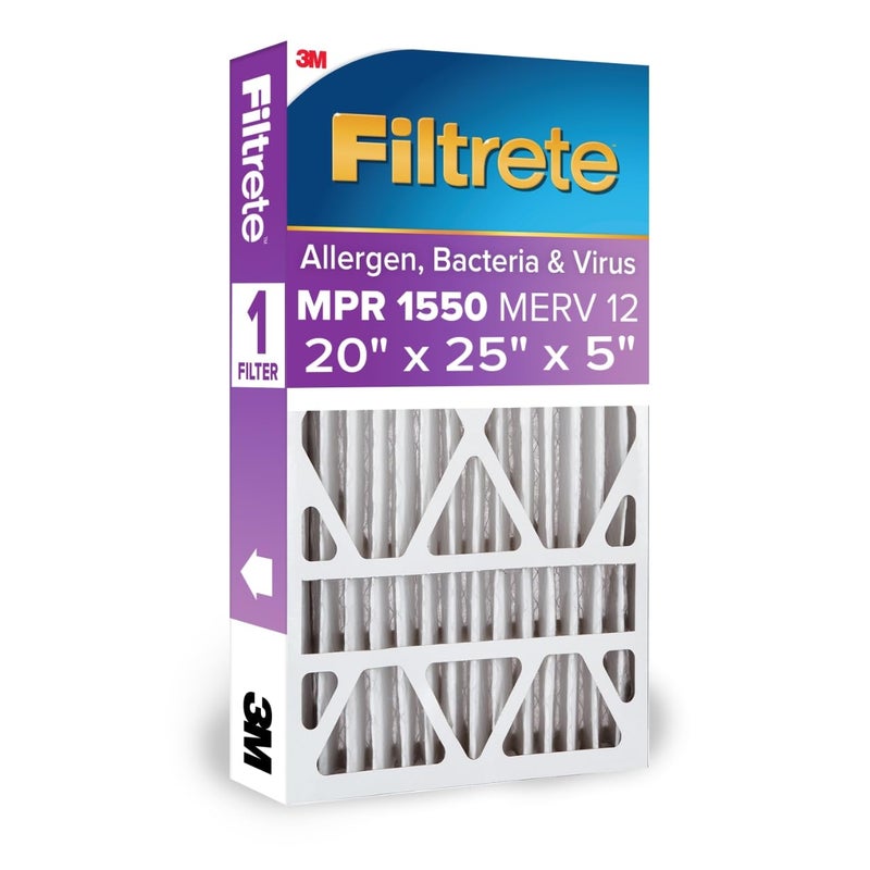 Filtrete 20x25x5 Air Filter MERV 12, MPR 1550 Certified Asthma & Allergy Friendly 1-Pack, Fits Trion AirBear, AC Furnace HVAC Filters, Pleated Electrostatic (Actual Size 19.56 x 24.13 x 4.75 in) - Image 1