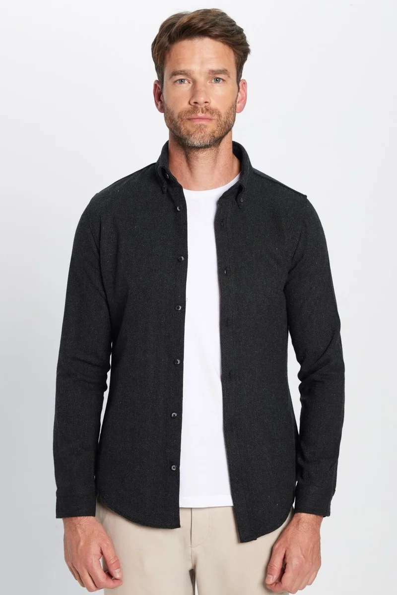 تودورس Men's Slim Fit Slim Fit Lumberjack Black Button-down Collar Plain Winter Shirt
