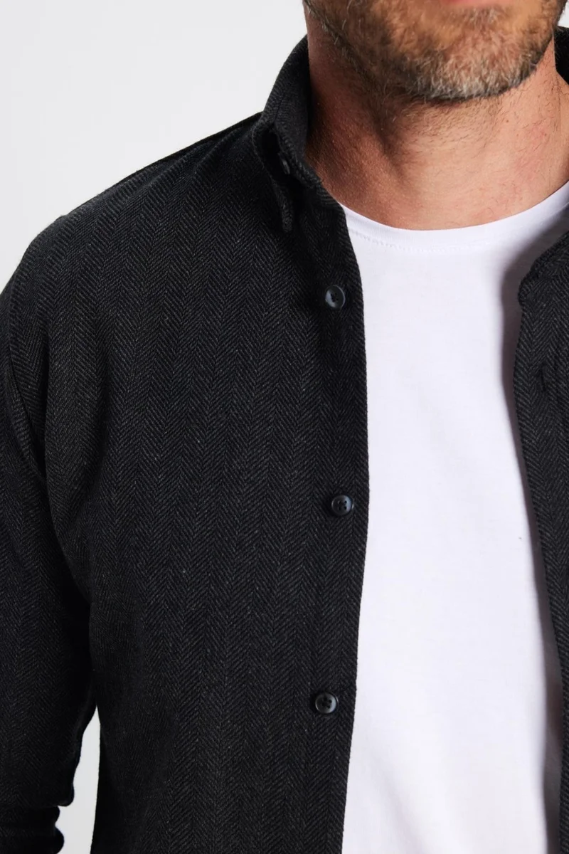 Tudors Men's Slim Fit Slim Fit Lumberjack Black Button-down Collar Plain Winter Shirt
