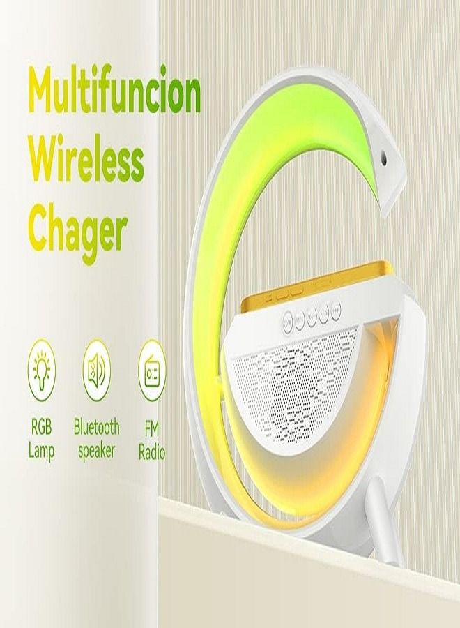 Wireless Charging Atmosphere Light with Bluetooth Speaker FM Radio 6 RGB Sync Music Lighting Mode for Bedroom Office Birthday Gift for Women Men Girls Boys Gift White 2023 - Image 2