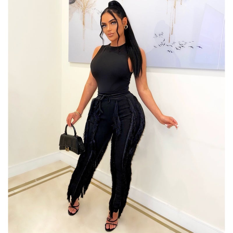AL220 Chic Tassel Pants Sleeveless Casual Set Black  - Image 2