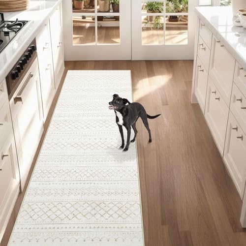 Aoyaomi Runner Rug 2x5 Boho Geometric Area Rugs Small Washable Kitchen Rug Soft Non Slip Moroccan Long Hallway Rugs for Bedroom Bathroom Laundry Entryway Staircase FoyerBeige2X5 - Image 3